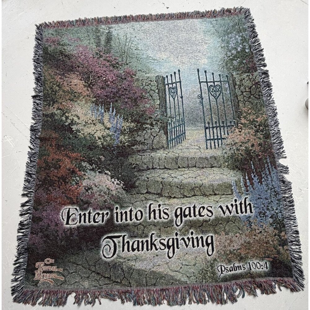 Thomas Kinkade Tapestry Wall Hanging Enter Gates Thanksgiving Bible Verse Psalms